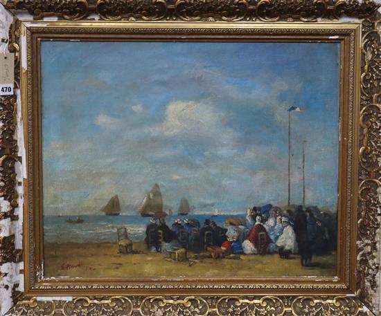 After Boudin, oil on canvas, Figures on the beach, bears signature, 50 x 62cm